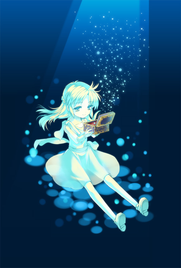 ahoge, aisagi, blonde_hair, blue_background, box, character_request, dinosaur_(game), dress