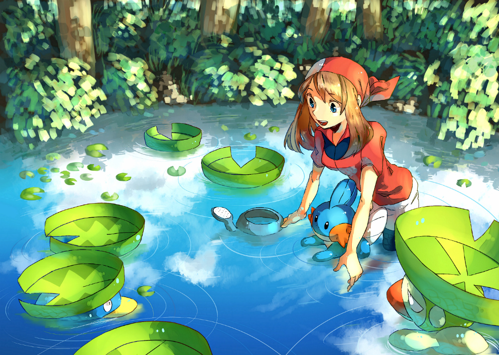 1girl, bandana, blue_eyes, brown_hair, kneeling, lily_pad, lombre, lotad, may_(pokemon), mudkip, nature, open_mouth, partially_submerged, pokemon, pokemon_(creature), pokemon_rse, pond, red_bandana, skyloop19, smile, tree, trees, water, watering_can