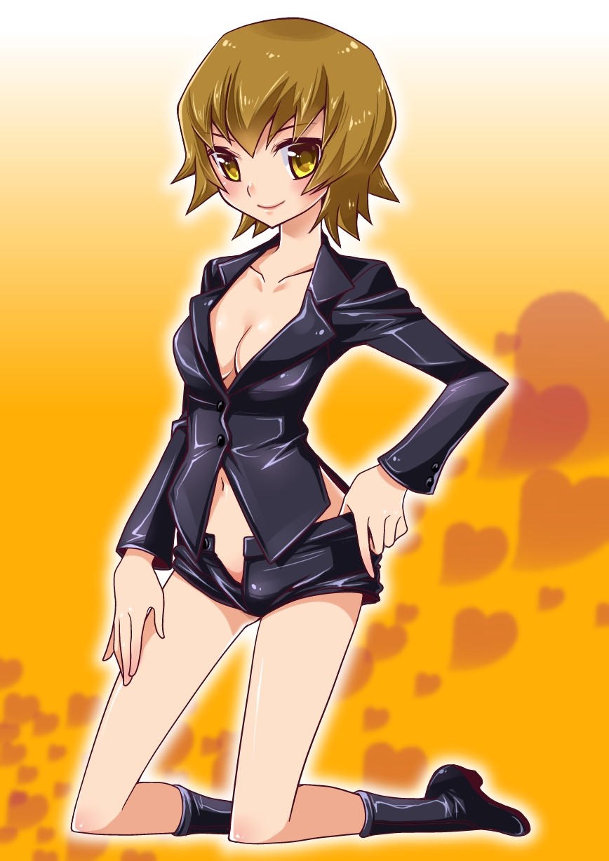 alternate_costume, artist_request, breasts, brown_hair, cleavage, heart, heart_background, heartcatch_precure!