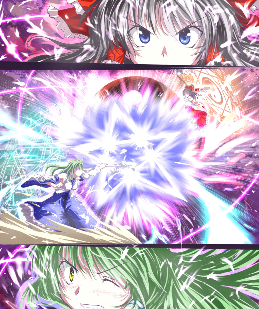 angry, battle, black_hair, blue_eyes, chaigidhiell, clenched_teeth, danmaku, detached_sleeves