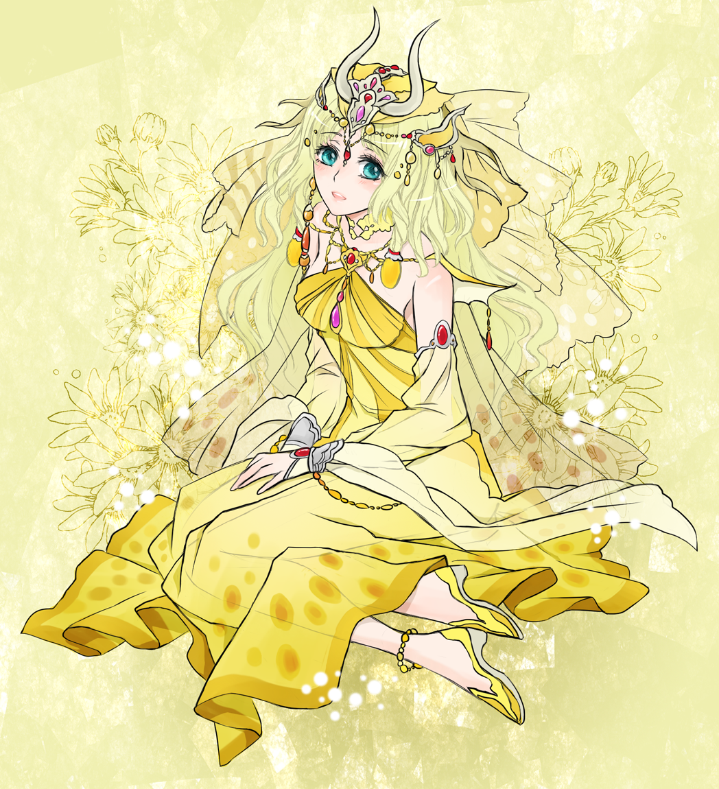 1girl, anklet, bare_shoulders, blonde_hair, blue_eyes, detached_sleeves, dress, final_fantasy, final_fantasy_i, horns, jewelry, looking_up, open_mouth, sarah_(ff1), shinzui_(fantasysky7), sitting, smile, solo, theatrhythm_final_fantasy, yellow, yellow_background, yellow_dress