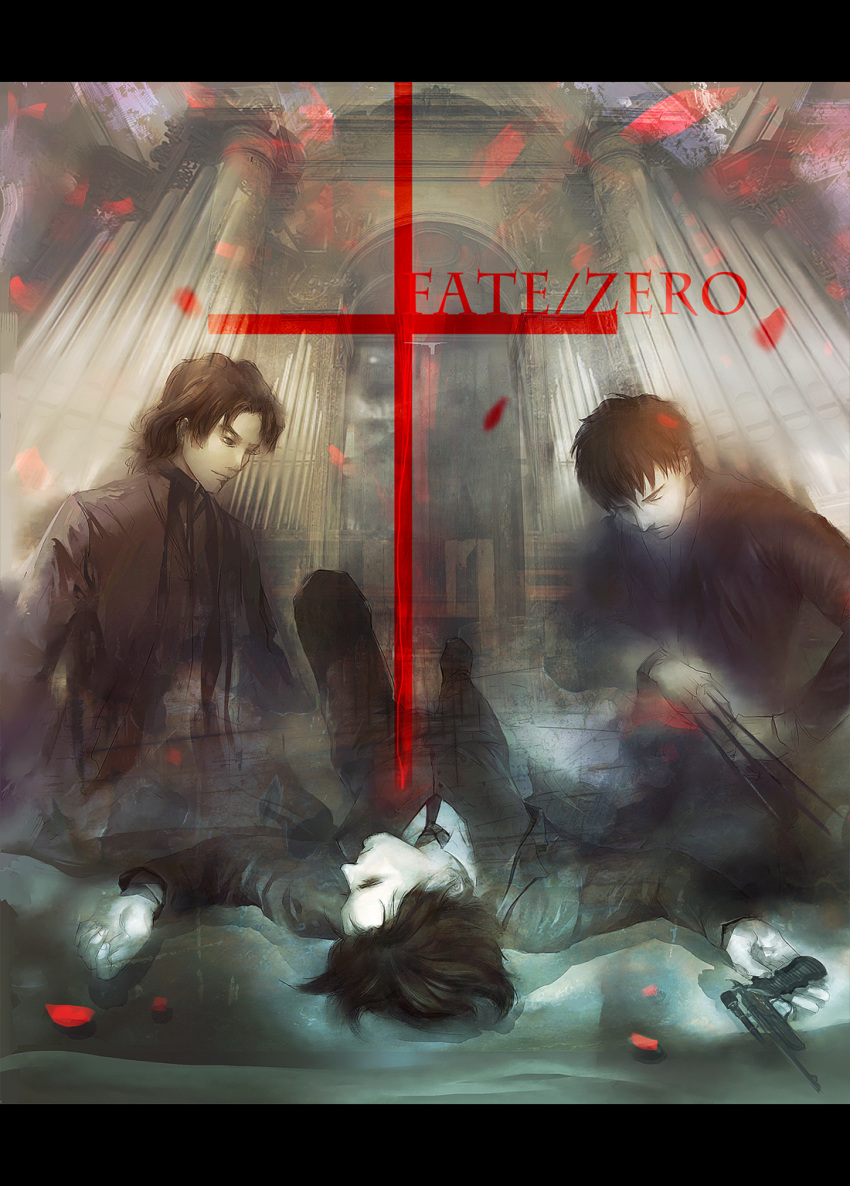 between_fingers, black_hair, black_keys, brown_hair, cassock, dual_persona, emiya_kiritsugu, fate/stay_night