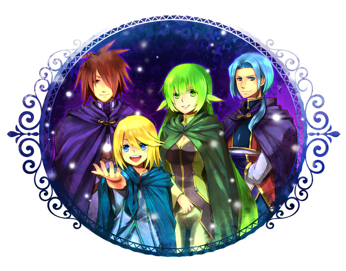 3boys, blonde_hair, blue_eyes, blue_hair, cape, green_eyes, green_hair, hair_over_one_eye