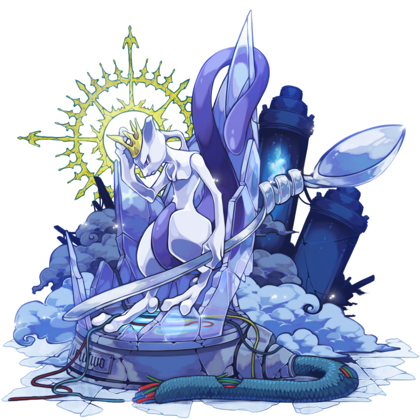 akezu, broken_glass, cable, character_name, crown, glass, hat, highres
