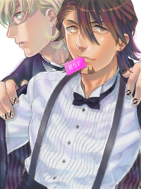 barnaby_brooks_jr, blonde_hair, bowtie, brown_eyes, brown_hair, facial_hair, formal, gimunema