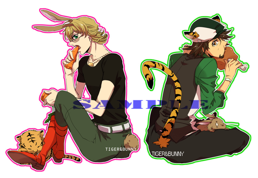 2boys, animal_ears, barnaby_brooks_jr, blonde_hair, boned_meat, boots, brown_eyes, brown_hair