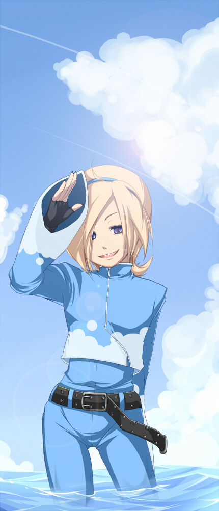 alternate_color, androgynous, ash_crimson, belt, blonde_hair, blue, blue_eyes, cloud