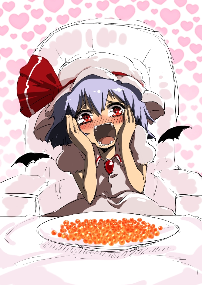 1girl, bat_wings, blue_hair, blush, caviar, dress, fangs, food