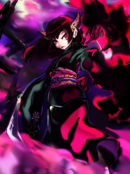 brown_hair, horns, japanese_clothes, karma_(mugen), kimono, original, red_eyes, shishido_kuon