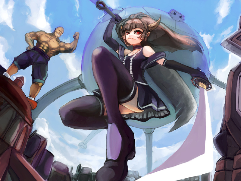 1girl, :3, bald, brown_hair, dual_wielding, gloves, horns, karma_(mugen), original, red_eyes, sagat, shishido_kuon, street_fighter, sword, thigh-highs, thighhighs, weapon