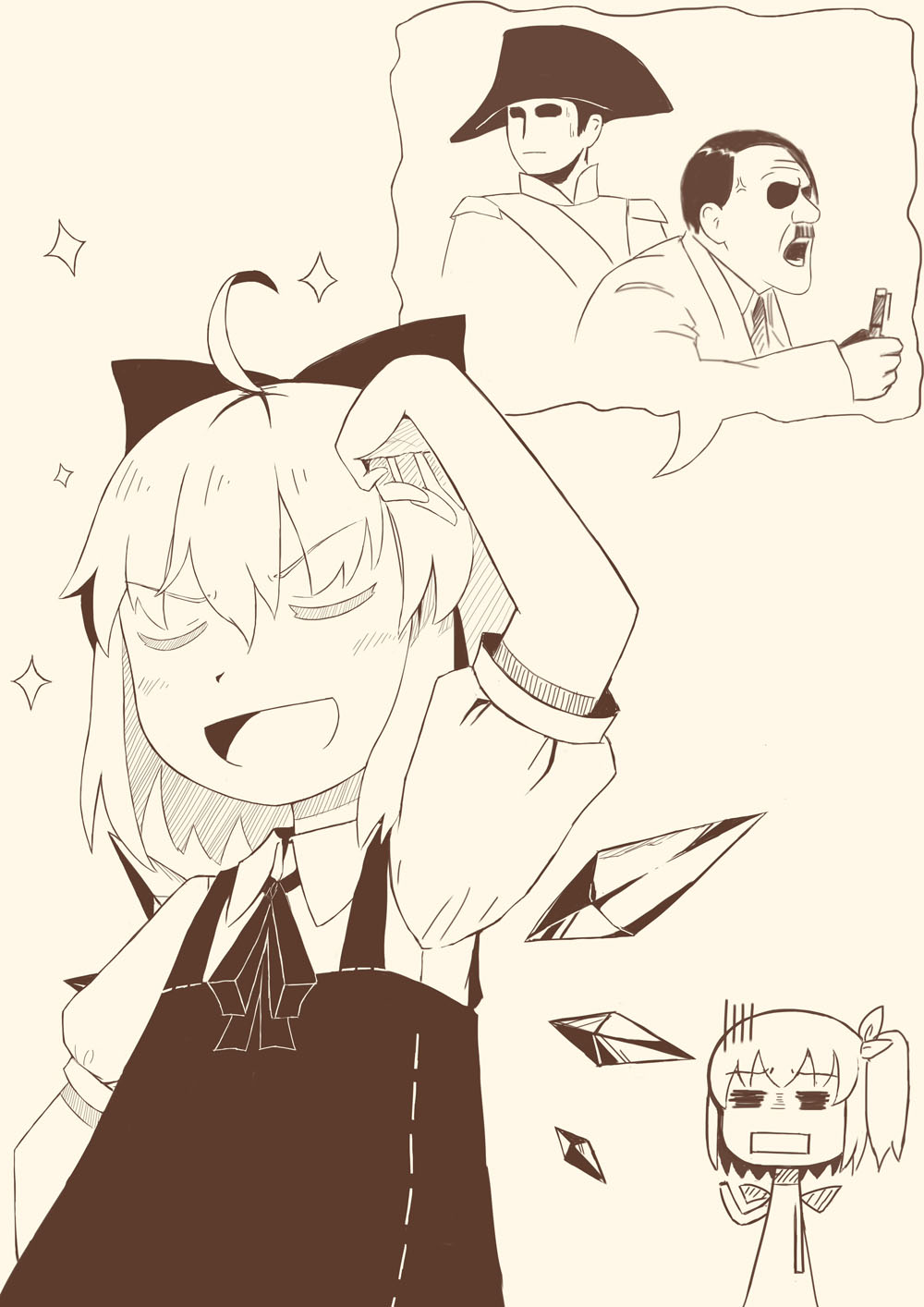 adolf_hitler, ahoge, anger_vein, bicorne, black_hair, blush, boasting, character_request, child, cirno, closed_eyes, daiyousei, eyes_closed, facial_hair, friends, hat, highres, ice, ice_wings, lino-lin, multiple_girls, mustache, napoleon_bonaparte, pen, ponytail, short_hair, smile, sparkle, speech_bubble, sweatdrop, touhou, wings