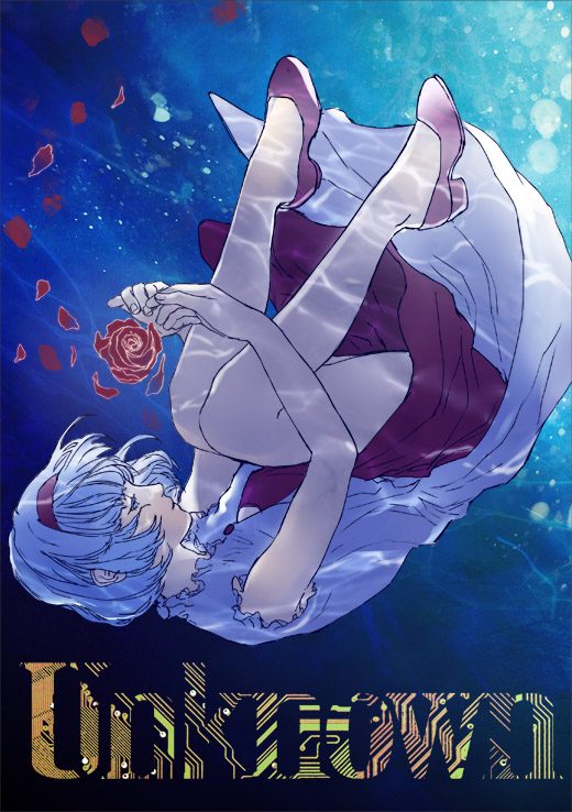 akou, android, bare_shoulders, cis_(tiger_&amp;_bunny), closed_eyes, dress, eyes_closed, fetal_position, flower, hairband, petals, rose, short_hair, solo, tiger_&amp;_bunny, underwater, white_hair