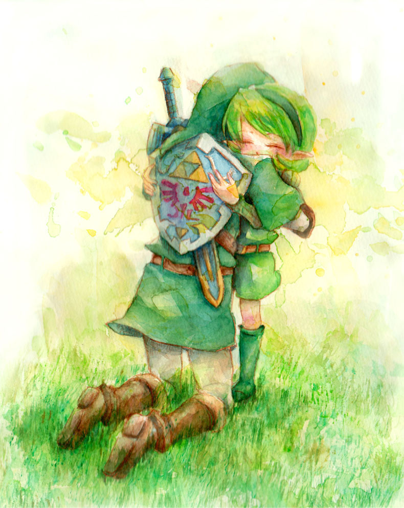 1girl, age_difference, belt, boots, closed_eyes, eyes_closed, funetail, green, green_hair, hairband, hat, height_difference, hug, kneeling, link, nintendo, ocarina_of_time, pointy_ears, saria, sheath, sheathed, shield, standing, sword, the_legend_of_zelda, traditional_media, weapon
