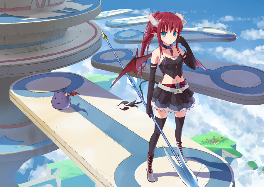 aqua_eyes, arm_strap, bat_wings, belt, black_gloves, black_legwear, boots, bustier