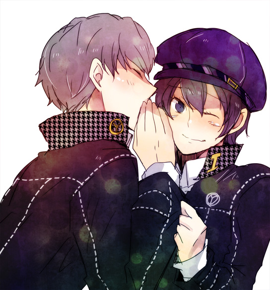 1girl, androgynous, bachi_(bachoo), bangs, blue_eyes, blue_hair, blush, cabbie_hat, closed_eyes, crossdressinging, eyes_closed, from_behind, grey_hair, hat, jacket, narukami_yuu, persona, persona_4, reverse_trap, school_uniform, shirogane_naoto, short_hair, tomboy, wavy_hair, whispering, wink
