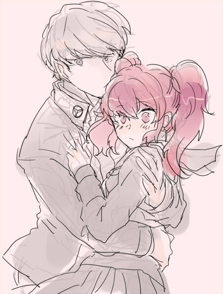 1girl, bachi_(bachoo), couple, face, grey_eyes, grey_hair, hug, jacket, kujikawa_rise, long_hair, monochrome, narukami_yuu, persona, persona_4, red_eyes, red_hair, redhead, school_uniform, serafuku, sketch, skirt, twintails