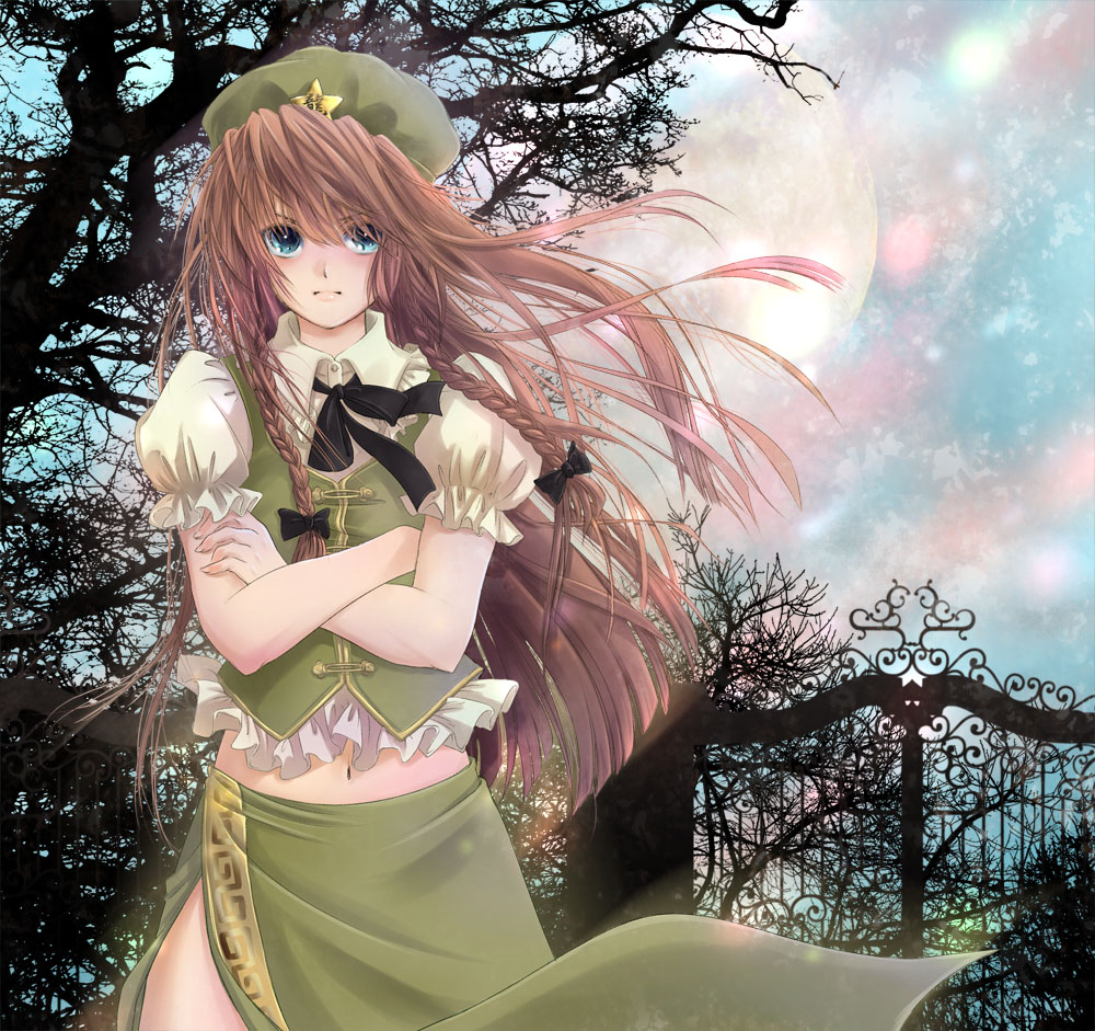 braid, china_dress, chinese_clothes, gate, hong_meiling, kubozuka_pikurou, long_hair, midriff