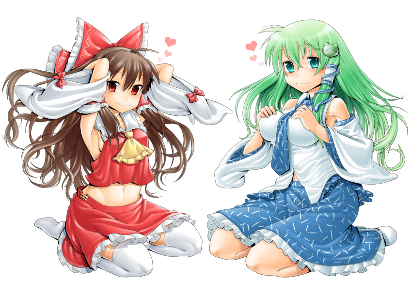 !, aosode, armpits, arms_up, ascot, bare_shoulders, blue_eyes, blush