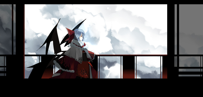 alternate_costume, dress, highres, lavender_hair, letterboxed, remilia_scarlet, short_hair, sky