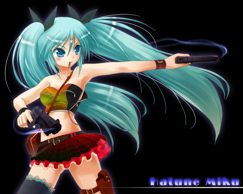 aqua_hair, armpits, black, bullet, bustier, dual_wielding, gangsta_hold, gun, handgun, hatsune_miku, holster, lingerie, long_hair, midriff, miniskirt, mouth_hold, pistol, plaid, pooru, porurin_(do-desho), skirt, smoke, smoking_gun, thigh_holster, thigh_strap, thighhighs, twintails, underwear, vocaloid, weapon