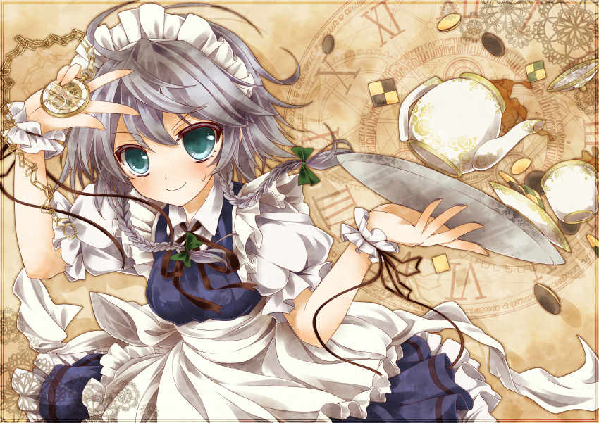 absurdres, apron, aqua_eyes, braid, breasts, chain, clock, cookie