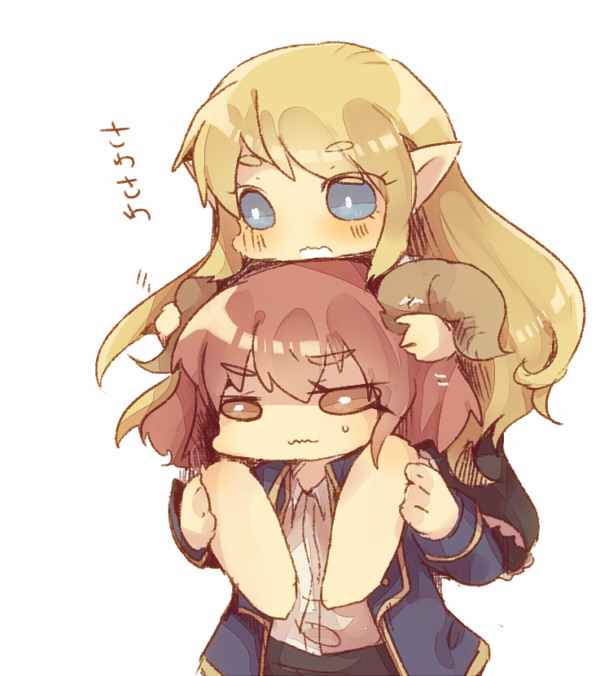 1girl, andras, blonde_hair, blue_eyes, carrying, chibi, elatha, elf