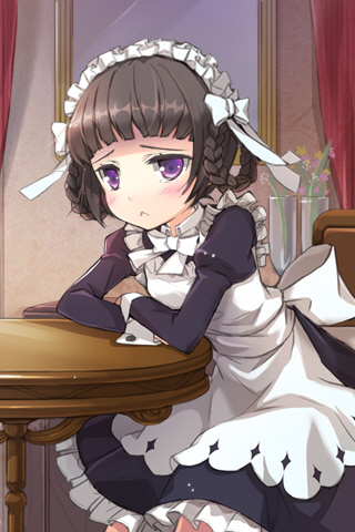 :<, apron, bangs, blunt_bangs, blush, bow, braid, brown_hair