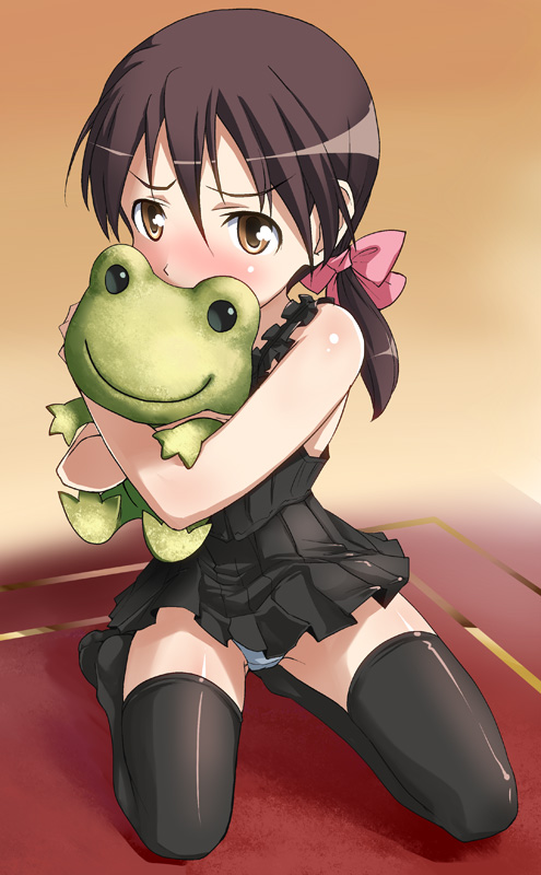 black_legwear, blush, brown_hair, camisole, frog, gertrud_barkhorn, hair_ribbon, hi-ho-, kero-chan_(kowa_pharmaceutical_company), kero_&amp;_koro_(colgen_kowa), looking_at_viewer, on_floor, panties, pantyshot, pantyshot_(sitting), pantyshot_sitting, pink_ribbon, ribbon, seiza, shy, sitting, solo, strike_witches, stuffed_animal, stuffed_frog, stuffed_toy, thigh-highs, thighhighs, underwear, young