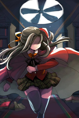 black_hair, black_legwear, blazer, book, bookshelf, cape, clenched_hand, clenched_hands