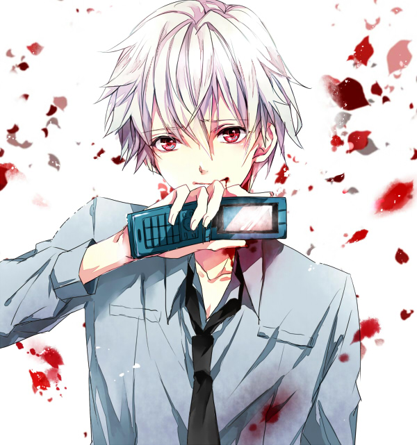 akise_aru, albino, bleeding, blood, blood_in_mouth, bloody_clothes, blue_shirt, cellphone, collar, dress_shirt, holding, male, mirai_nikki, necktie, phone, red_eyes, serinavvv, shirt, short_hair, solo, white_hair