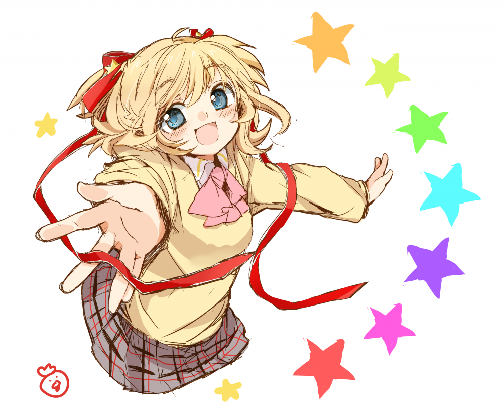 blonde_hair, blue_eyes, kamikita_komari, little_busters!!, natsu_(norari_kurari), no_legs, open_mouth, outstretched_arms