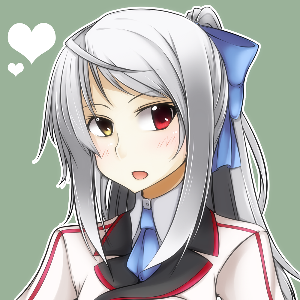 alternate_hairstyle, bad_id, bow, bust, error, hair_bow, heart, heterochromia, infinite_stratos, laura_bodewig, long_hair, necktie, no_eyepatch, open_mouth, pako_(moto_paco), ponytail, red_eyes, silver_hair, simple_background, solo, uniform, yellow_eyes