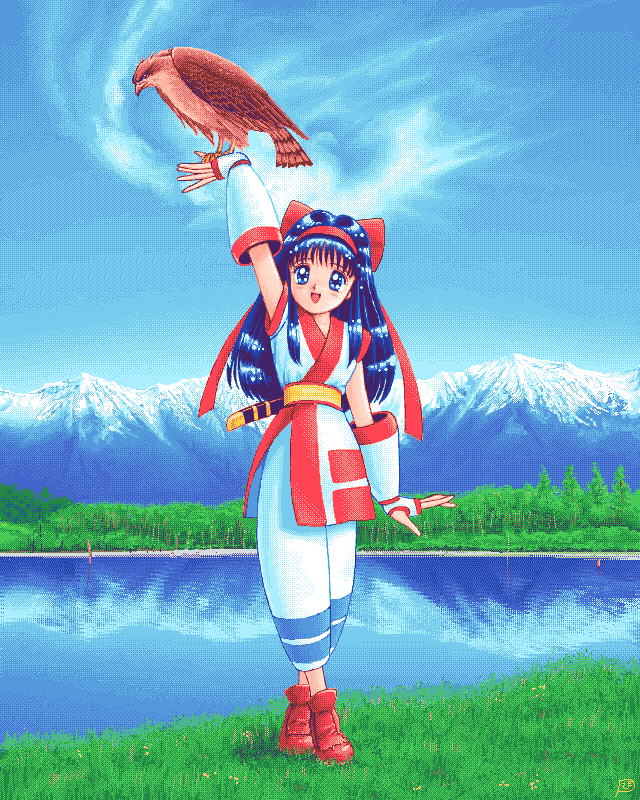 :d, ainu_clothes, arm_up, artist_request, bird, blue_eyes, blue_hair, blush