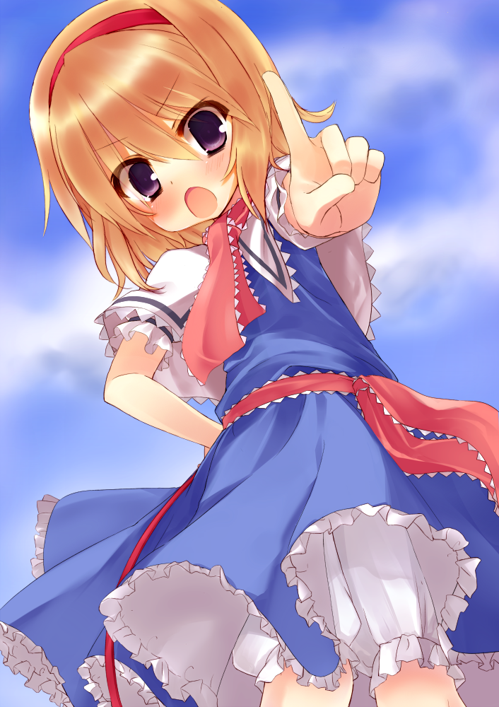 :o, alice_margatroid, bad_id, blonde_hair, bloomers, blush, dress, hairband