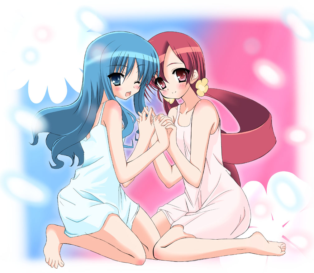 ;d, barefoot, blue_eyes, blue_hair, camisole, feet, hanasaki_tsubomi, hand_holding