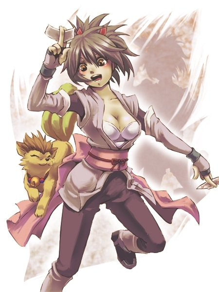 black_hair, boots, breasts, brown_eyes, cleavage, corrine, creature, gloves, hachi_(hachikichi), ofuda, pants, ponytail, sheena_fujibayashi, short_hair, smile, tales_of_(series), tales_of_symphonia