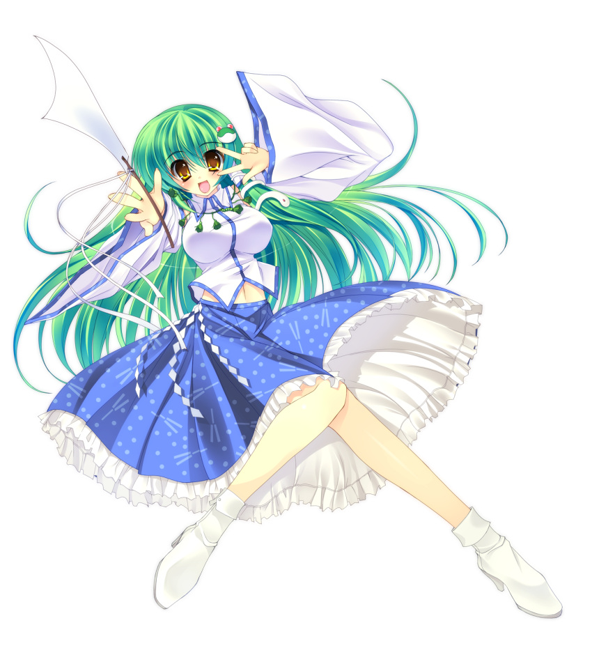 arano_takeshi, detached_sleeves, frog, green_hair, hair_ornament, highres, japanese_clothes, kochiya_sanae
