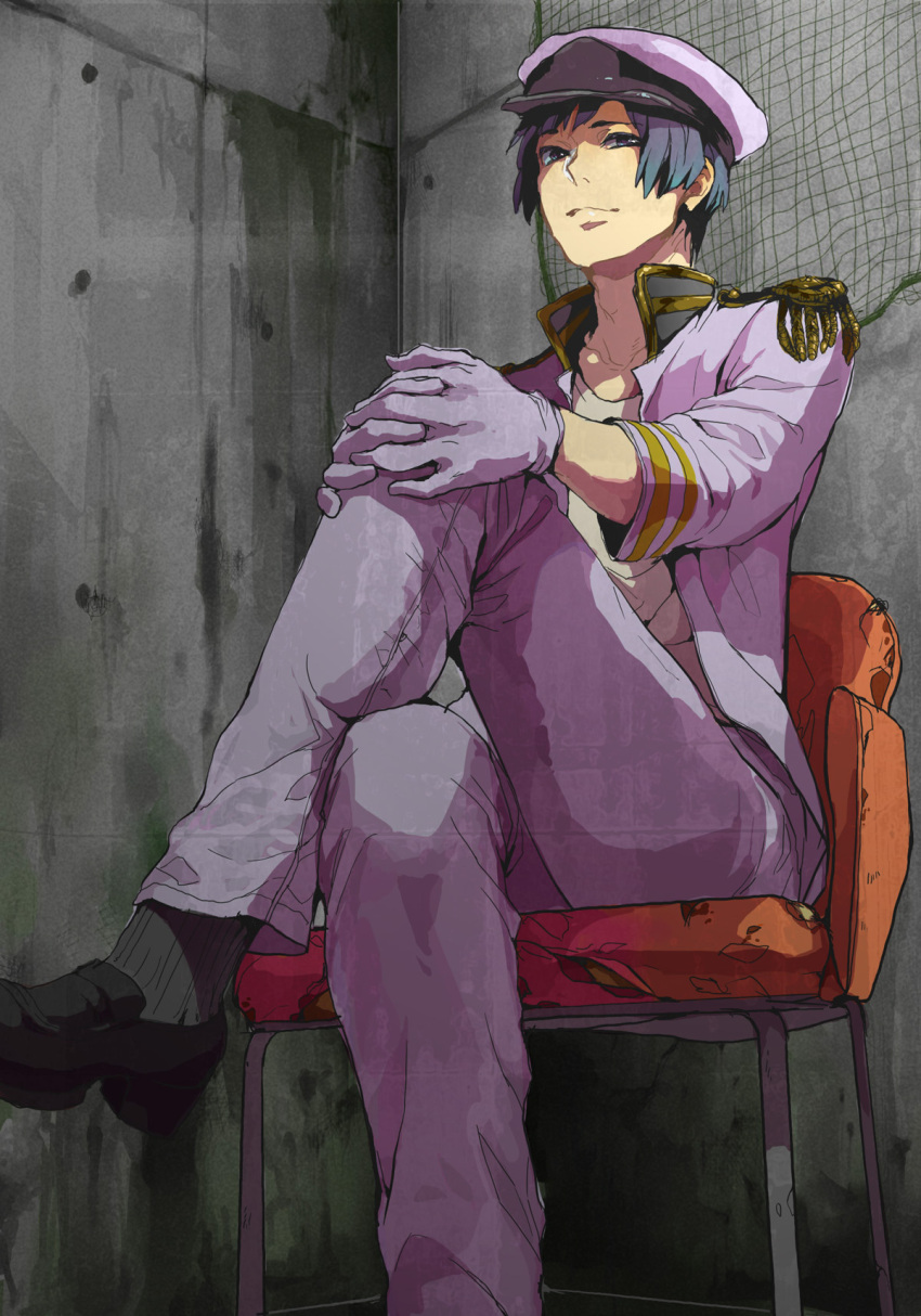 axis_powers_hetalia, black_hair, chair, crossed_legs, epaulettes, from_below, gloves, hands_on_knees