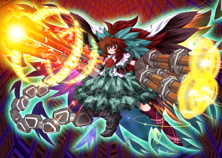 alternate_weapon, arm_cannon, black_wings, bow, brown_eyes, brown_hair, cape, concrete
