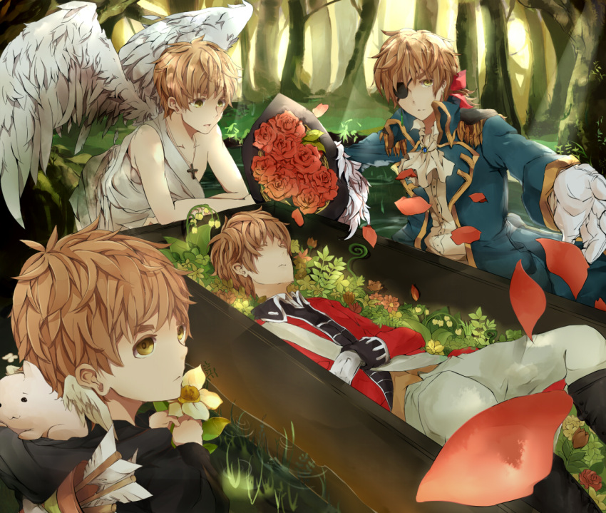 angel_wings, arrow, axis_powers_hetalia, blonde_hair, bouquet, closed_eyes, coffin, cravat