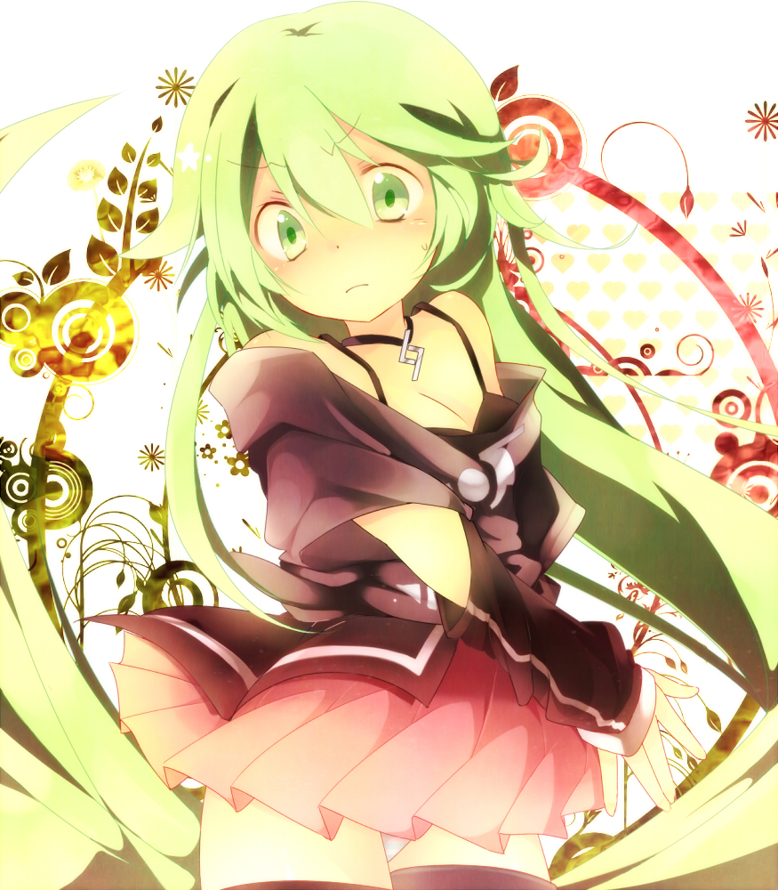 aka_tonbo_(lililil), bare_shoulders, cosplay, green_eyes, green_hair, hatsune_miku, ia_(cosplay), ia_(vocaloid), long_hair, looking_at_viewer, off_shoulder, skirt, solo, sweatdrop, thigh-highs, thighhighs, very_long_hair, vocaloid, zettai_ryouiki