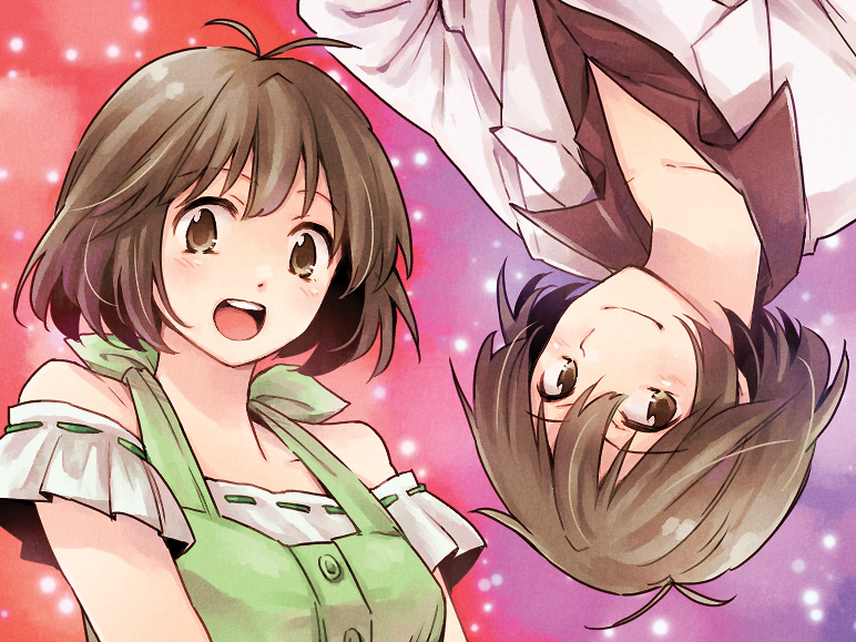 :d, akizuki_ryou, antenna_hair, bare_shoulders, brown_eyes, brown_hair, crossdressinging, dual_persona