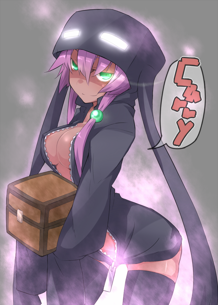 bare_chest, black_legwear, box, breasts, chest, cleavage, container, dark_skin, enderman, glowing, glowing_eyes, green_eyes, hair_ornament, holding, hoodie, kazami_ryouya, large_breasts, long_hair, long_sleeves, minecraft, naked_hoodie, personification, purple_hair, shaded_face, simple_background, sleeves_past_wrists, smile, solo, thigh-highs, thighhighs, zettai_ryouiki, zipper
