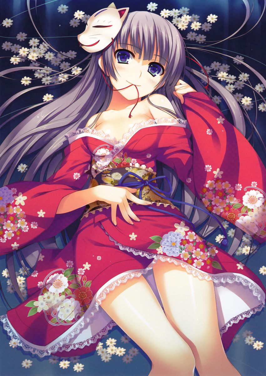absurdres, bare_shoulders, blue_eyes, fox_mask, grey_hair, highres, japanese_clothes, kimono