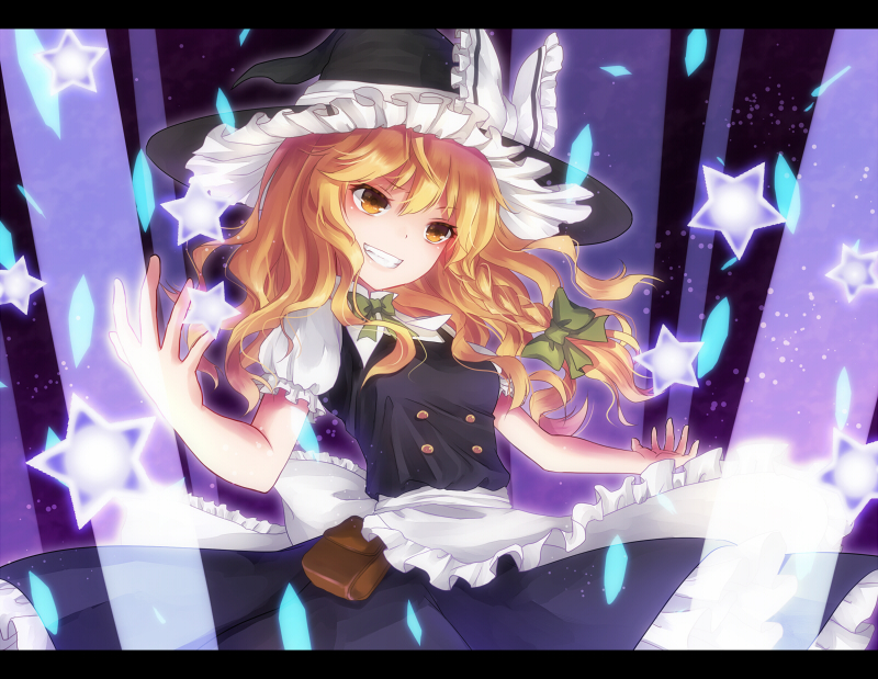apron, arms_up, bag, black_dress, blonde_hair, bow, braid, dress, grin, hair_bow, hat, hat_bow, hat_ribbon, kirisame_marisa, letterboxed, long_hair, nunucco, promotions, ribbon, shirt, single_braid, smile, solo, star, touhou, waist_apron, witch, witch_hat, yellow_eyes