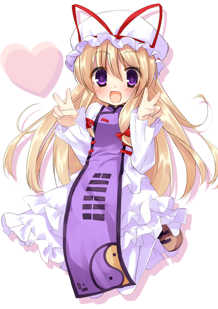 blonde_hair, blush, double_v, dress, hat, hat_ribbon, heart, jumping