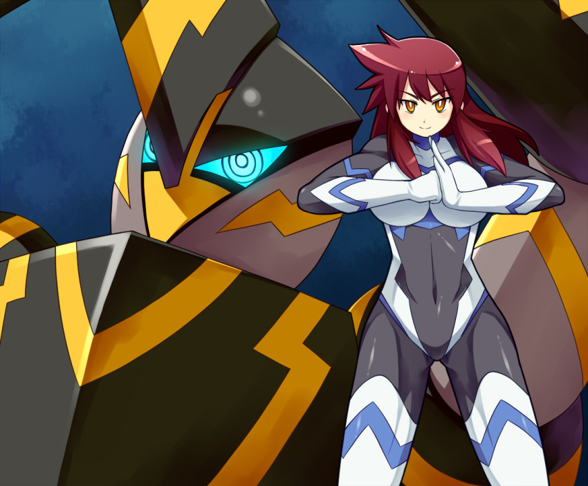 bodysuit, brown_hair, concentric_circles, long_hair, looking_at_viewer, mecha, orange_eyes, pixiv_robot_wars_2