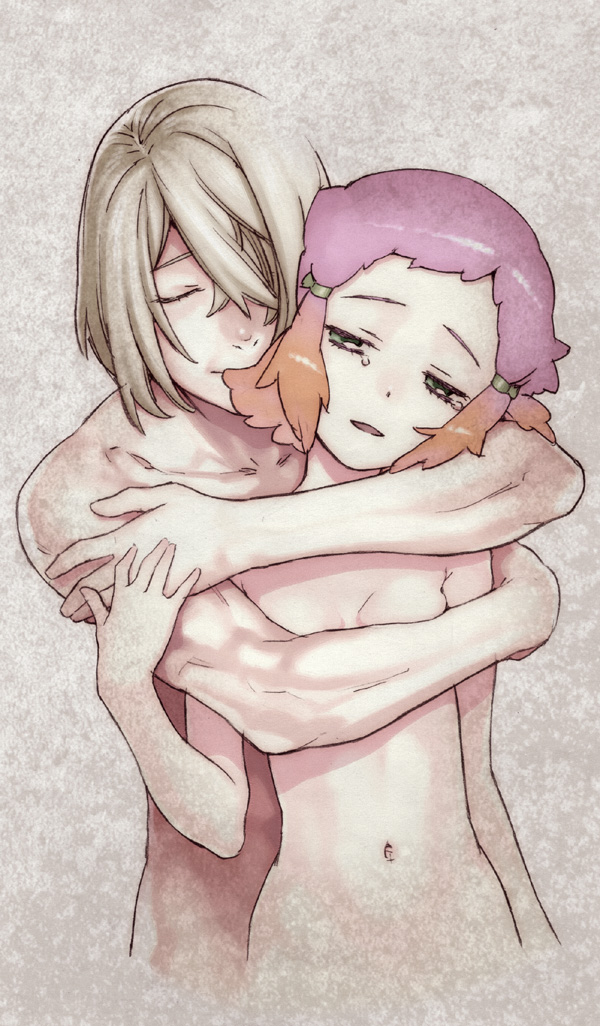 1girl, aquarion_(series), aquarion_evol, blush, closed_eyes, eyes_closed, hijiri_rei, hug