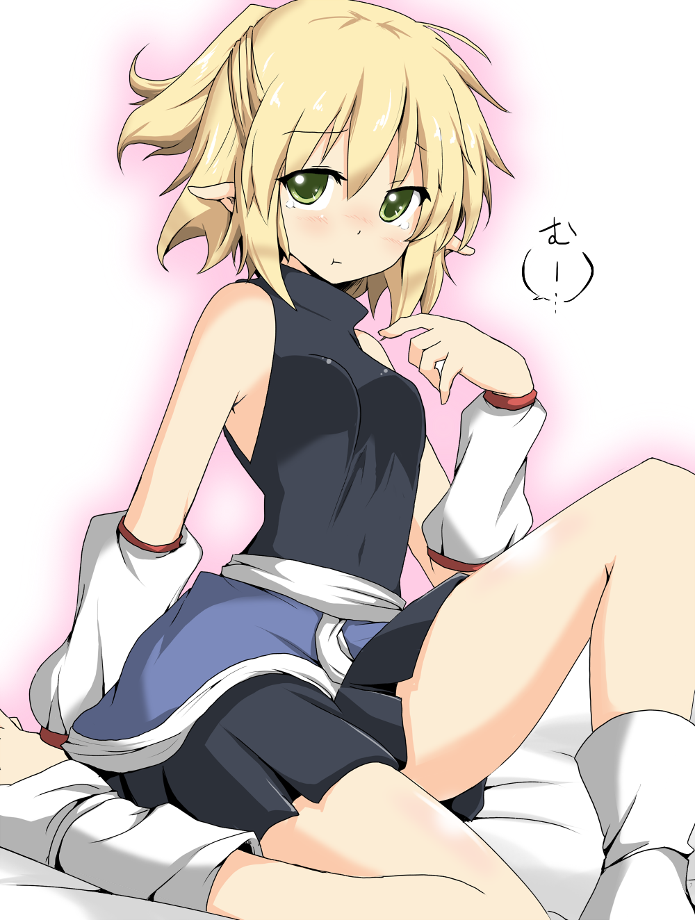:t, alternate_costume, arm_warmers, blonde_hair, breasts, footwear, green_eyes, half_updo