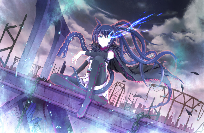 black_hair, black_legwear, black_rock_shooter, black_rock_shooter:_innocent_soul, black_rock_shooter_(character), blue_eyes, boots, cloud